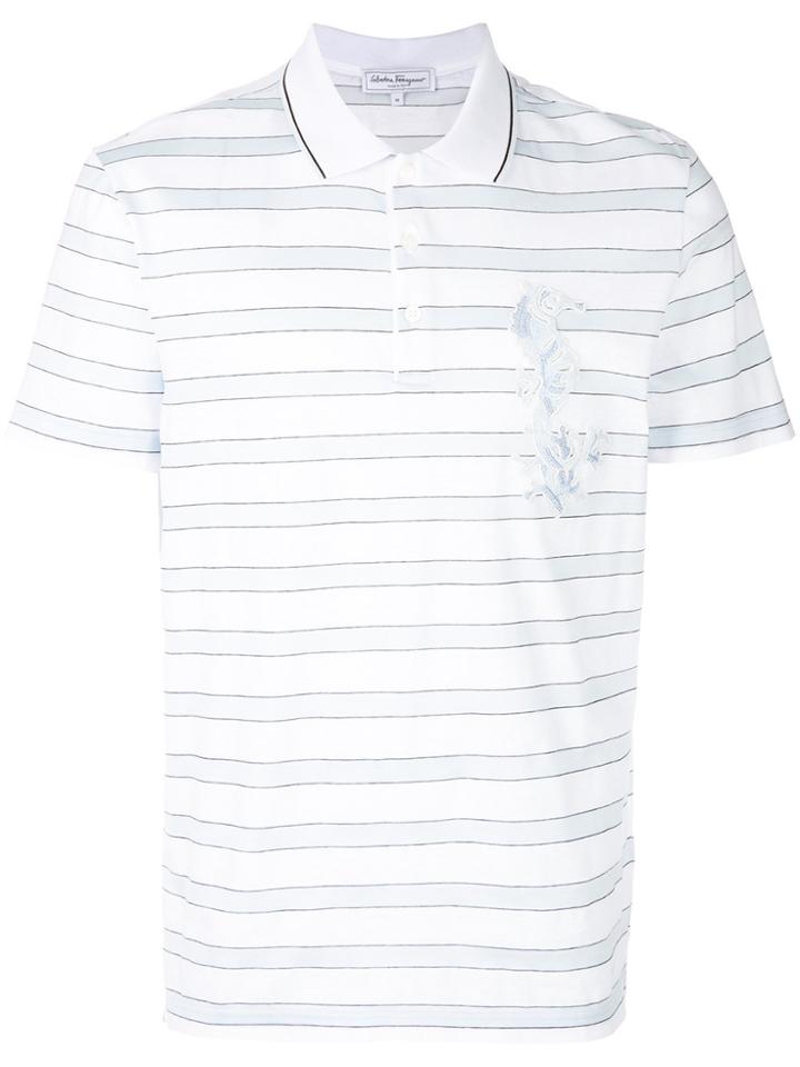 Salvatore Ferragamo Dragonfish Patch Striped Polo Shirt - White
