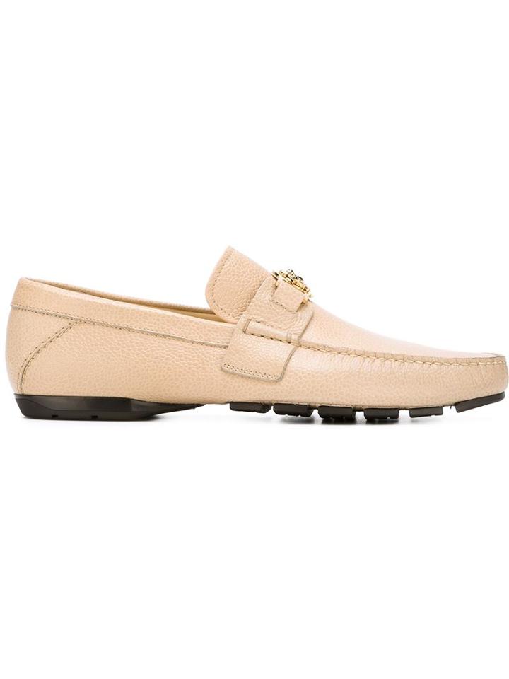 Versace Medusa Driving Shoes, Men's, Size: 43, Nude/neutrals, Leather/rubber