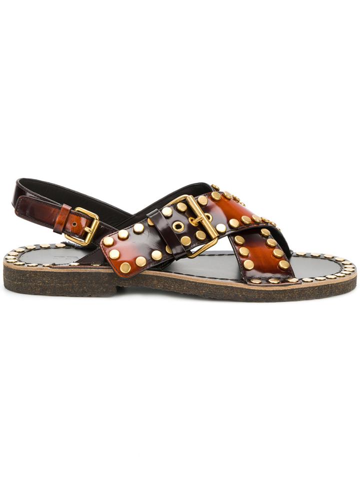 Prada Burned Effect Studded Sandals - Brown