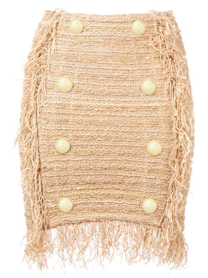 Balmain Fringed Tweed Mini Skirt - Gold
