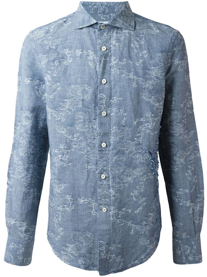 Ermanno Scervino Jacquard Shirt, Men's, Size: 46, Blue, Cotton/linen/flax