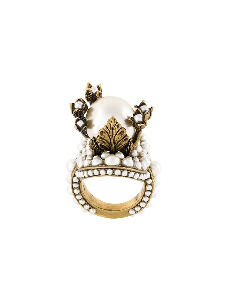 Gucci Flower Ring With Glass Pearls - Metallic