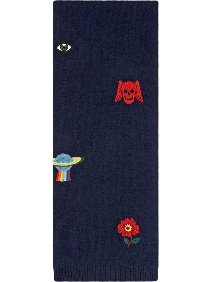 Gucci Embroidered Symbols Wool Scarf - Blue