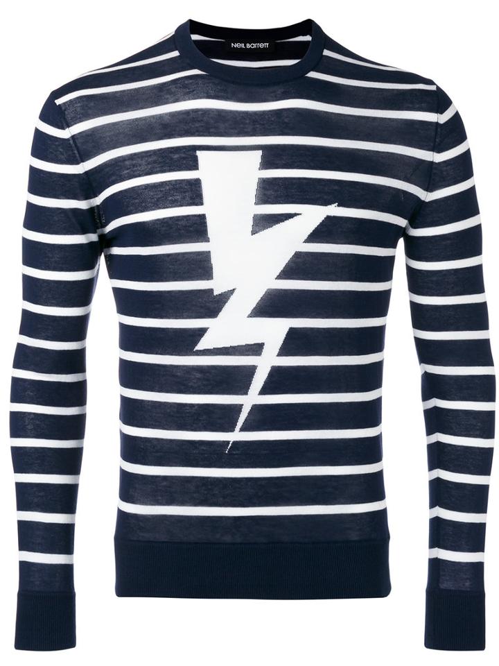 Neil Barrett Striped Lightning Print Sweater, Men's, Size: Medium, Blue, Cotton