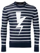 Neil Barrett Striped Lightning Print Sweater, Men's, Size: Medium, Blue, Cotton