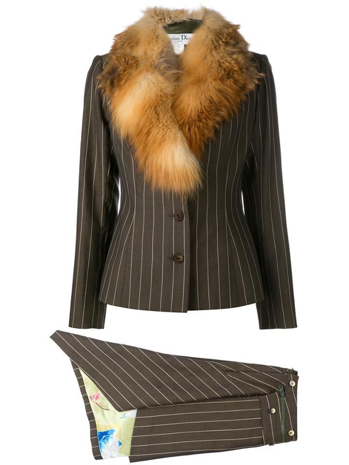 Christian Dior Vintage Fox Fur Collar Skirt Suit - Brown