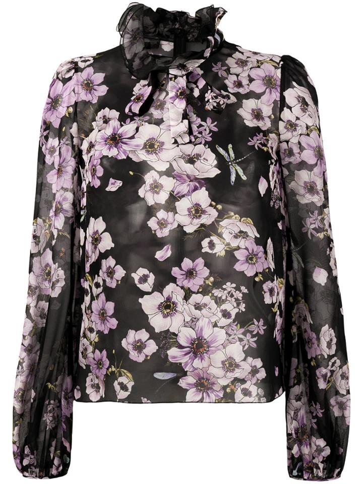 Giambattista Valli Floral Print Ruffle Neck Blouse - Black