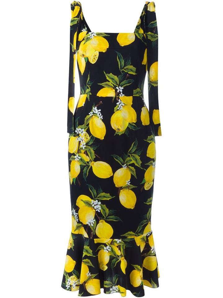 Dolce & Gabbana Lemon Print Dress, Women's, Size: 40, Black, Silk/spandex/elastane