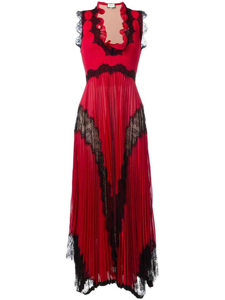 Gucci Plissé Pleated Lace Insert Gown - Red