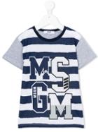 Msgm Kids - Striped Logo Print T-shirt - Kids - Cotton - 8 Yrs, Blue
