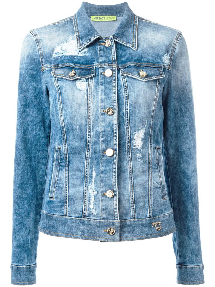 Versace Jeans Distressed Denim Jacket, Women's, Size: 44, Blue, Cotton/spandex/elastane/polyester