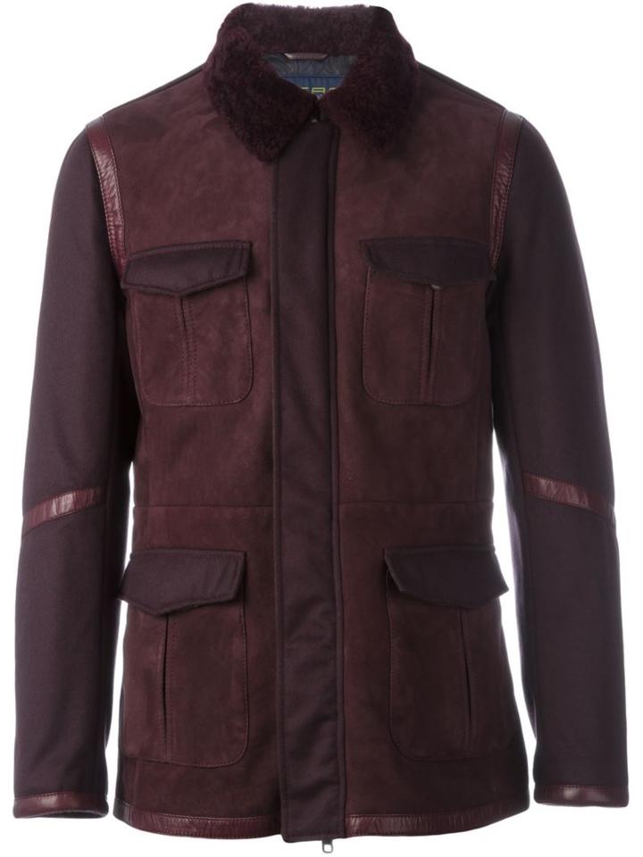 Etro Patched Pocket Jacket, Men's, Size: Large, Red, Silk/lamb Skin/acetate/lamb Fur