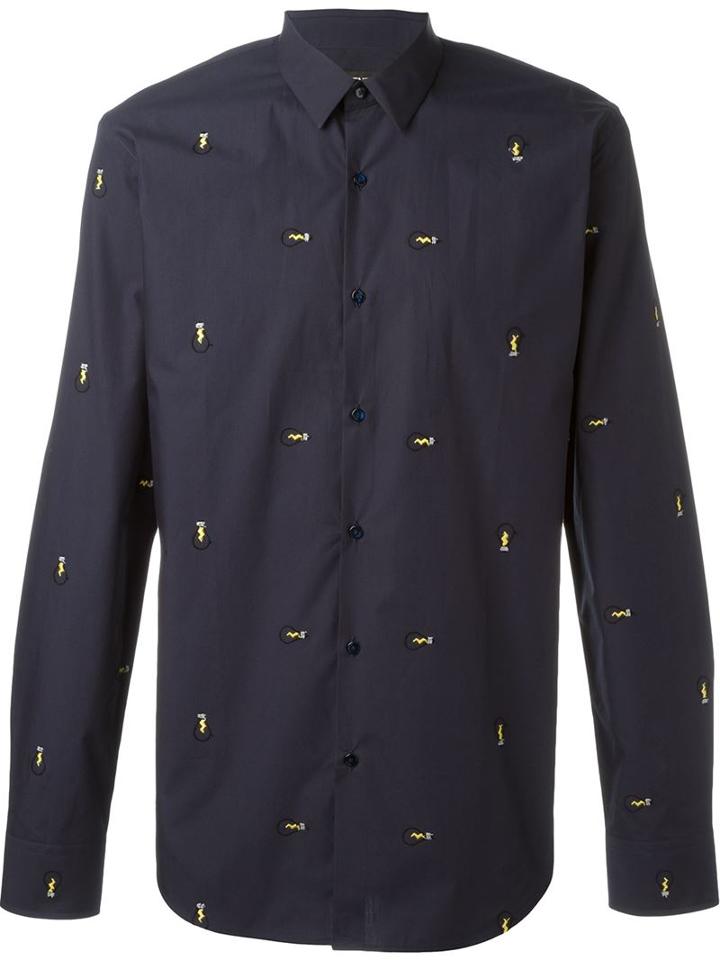 Fendi Light Bulb Embroidered Shirt, Men's, Size: 40, Blue, Cotton