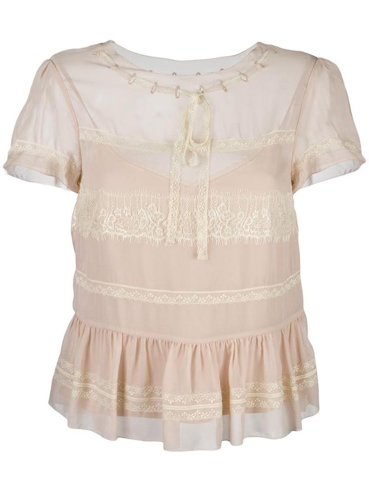 Red Valentino Lace Insert Shortsleeved Blouse, Women's, Size: 42, Pink/purple, Polyamide/polyester