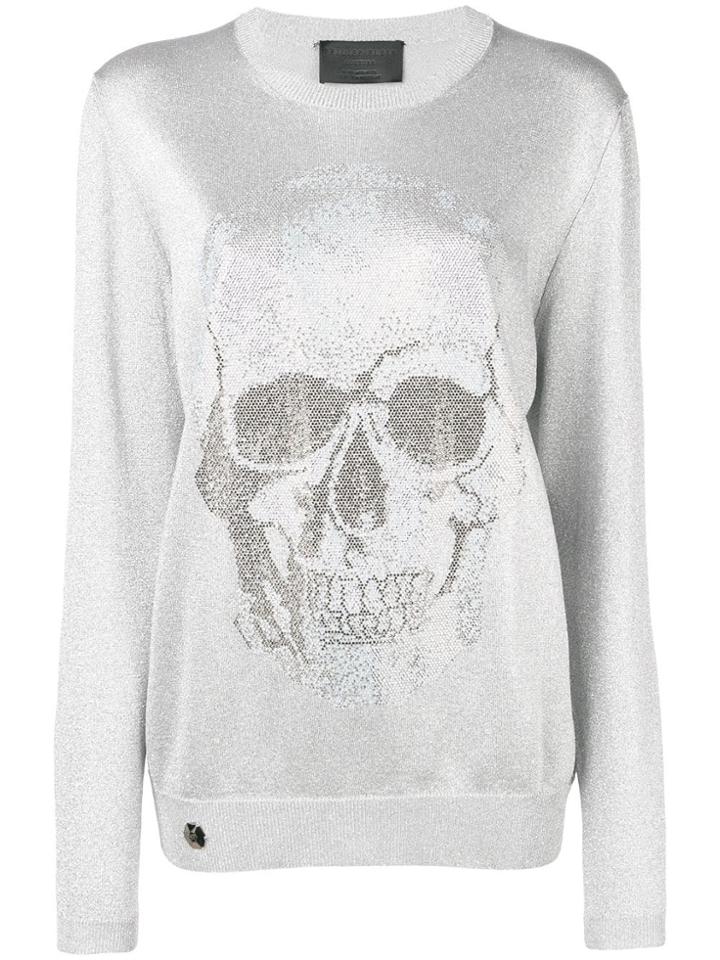 Philipp Plein Metallic Skull Jumper - Silver