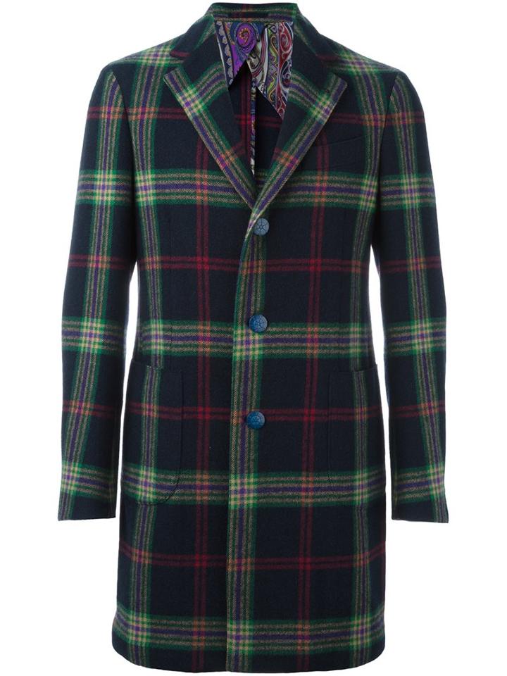 Etro Plaid Coat, Men's, Size: 52, Blue, Silk/polyamide/acetate/calf Hair