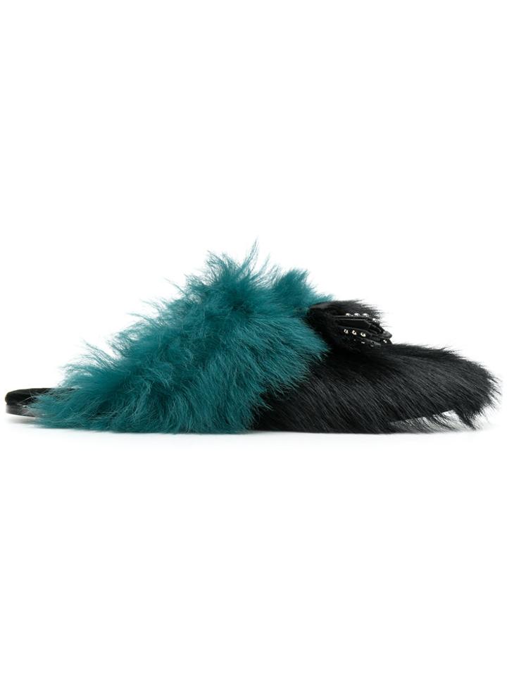 Prada Shearling Tassled Mules - Black