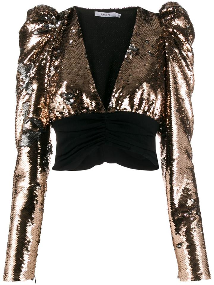 Amen Cropped Sequin Blouse - Gold