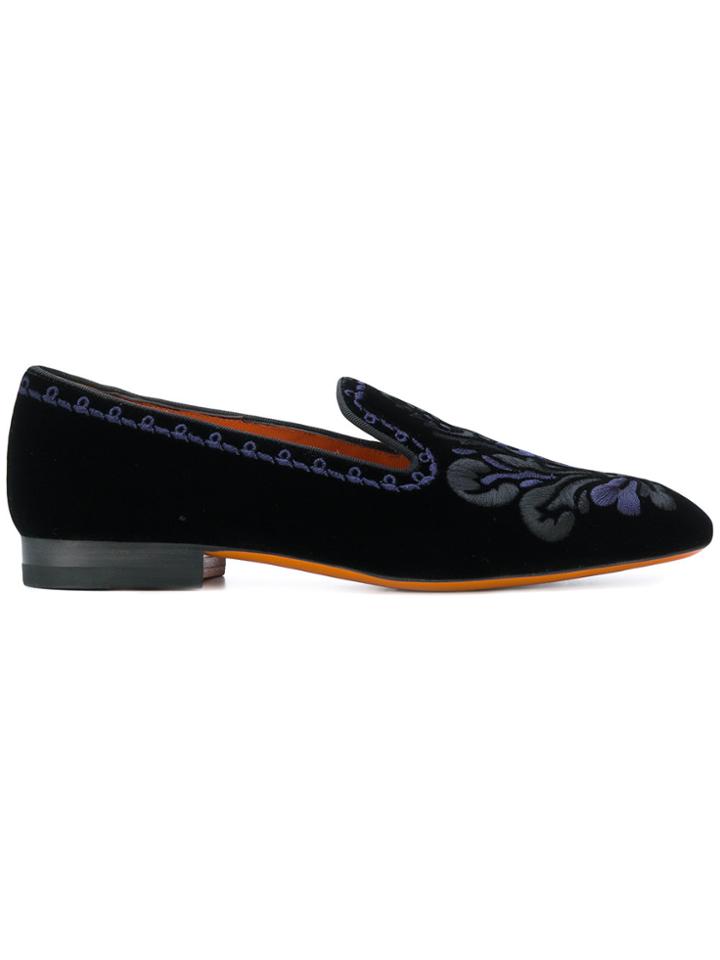 Santoni Embroidered Velvet Loafers - Black