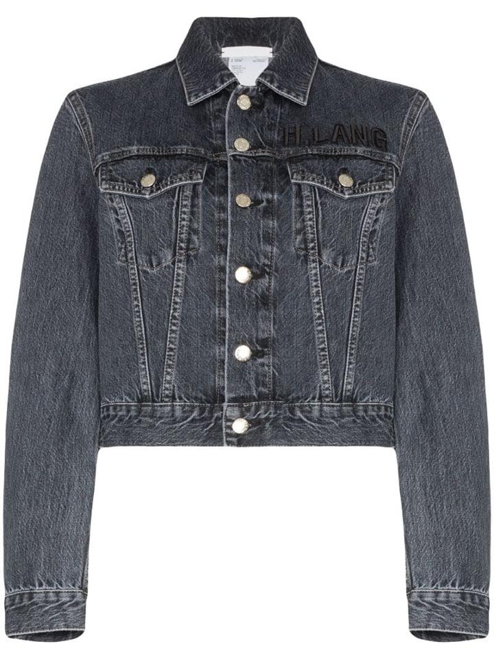 Helmut Lang Logo Embroidered Cropped Denim Jacket - Blue