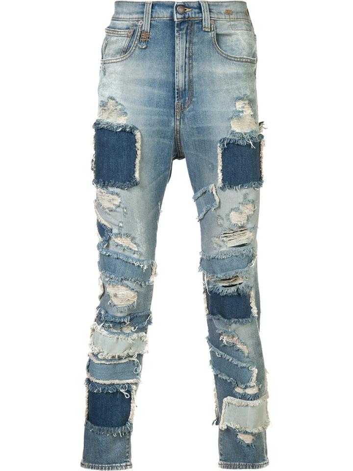 R13 Patched Frayed Cropped Jeans, Men's, Size: 34, Blue, Cotton/spandex/elastane