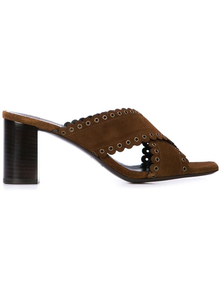 Saint Laurent Scalloped Hem Eyelet Mules - Brown