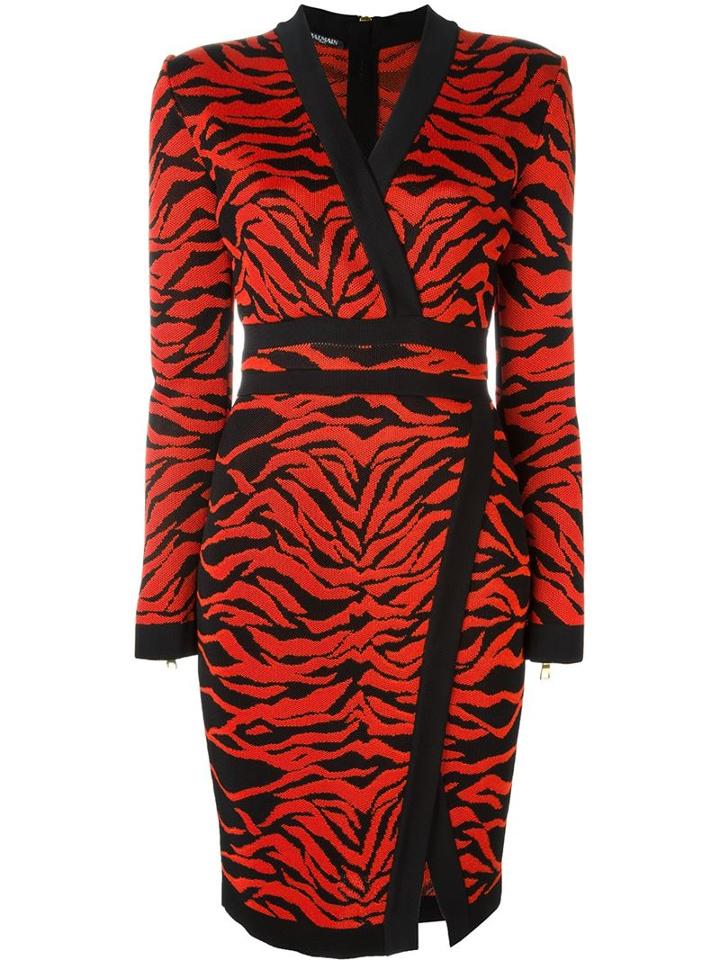 Balmain Zebra Print Wrap Style Front Dress, Women's, Size: 38, Black, Viscose