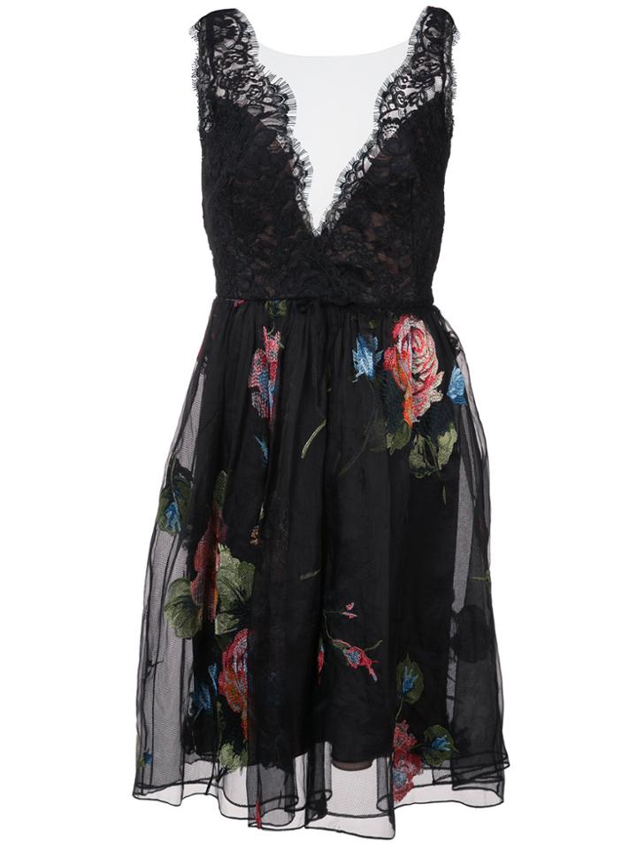 Marchesa Notte Floral And Lace Dress - Black