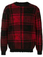 Overcome Distressed Check Sweater - Red