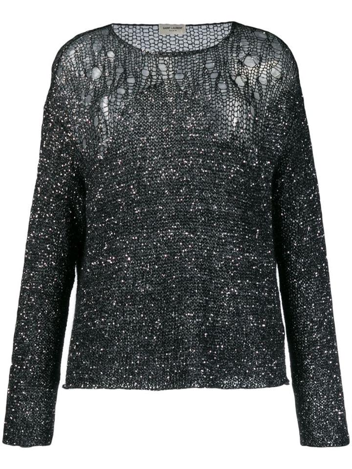 Saint Laurent Open-knit Sequin Embellished Sweater - Black