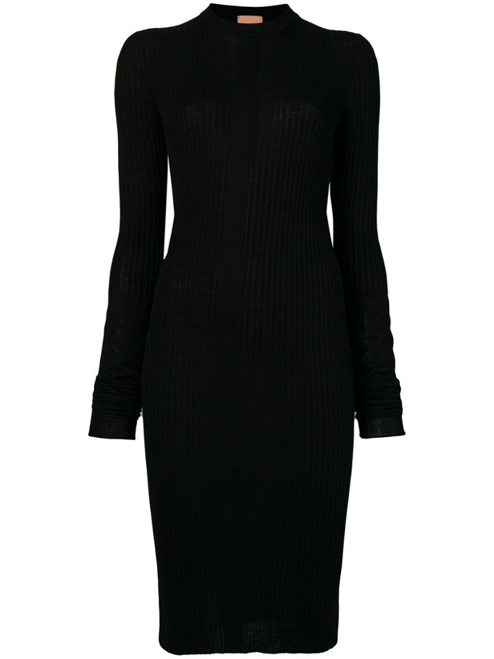 Nude Ribbed Knit Fitted Dress - Black