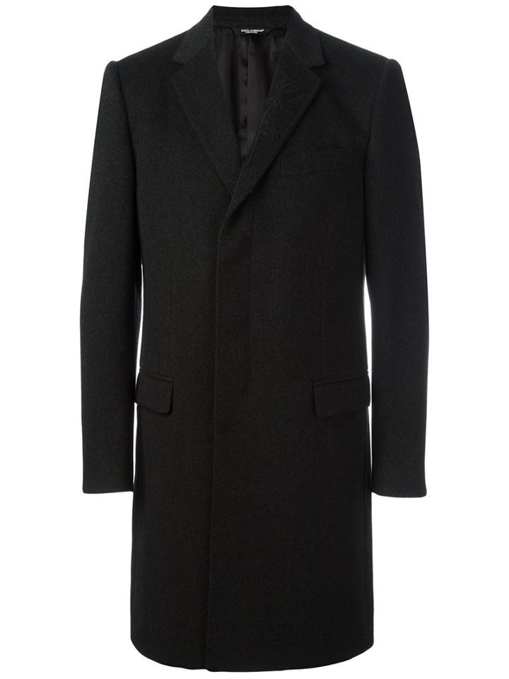 Dolce & Gabbana Embroidered Rose Lapel Coat, Men's, Size: 52, Black, Silk/cupro/viscose/wool