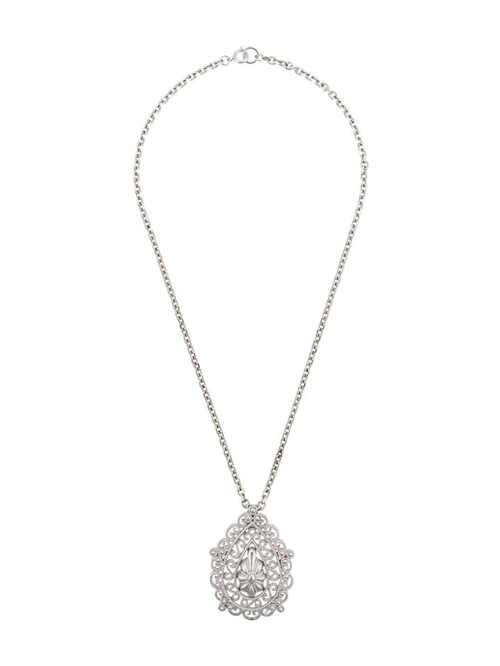 Susan Caplan Vintage 1960s Filigree Teardrop Pendant Necklace - Silver