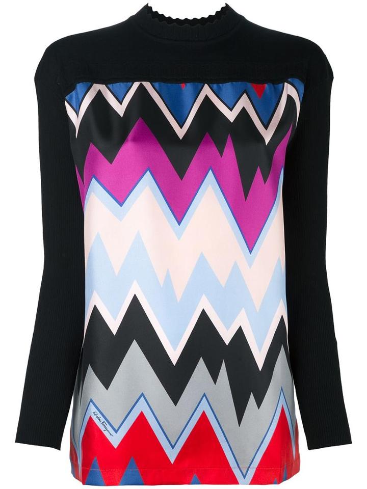 Salvatore Ferragamo Chevron Print Blouse, Women's, Size: Medium, Black, Virgin Wool/silk
