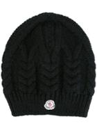 Moncler Cable Knit Beanie Hat, Women's, Black, Acrylic/wool/alpaca