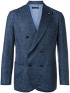 Lardini Double-breasted Woven Blazer, Men's, Size: 52, Blue, Cotton/linen/flax/nylon/cupro