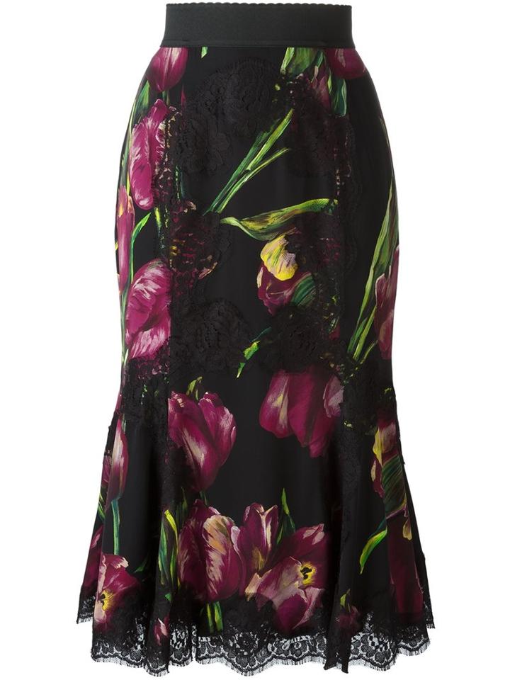 Dolce & Gabbana Tulip Print Fluted Skirt, Women's, Size: 46, Black, Silk/cotton/polyamide/silk