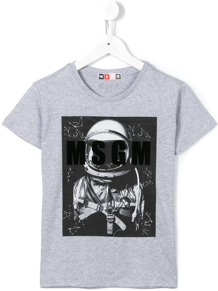 Msgm Kids Astronaut And Logo Print T-shirt, Boy's, Size: 6 Yrs, Grey