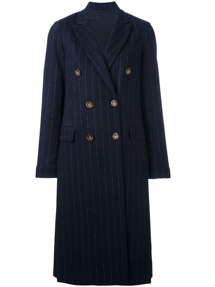 Brunello Cucinelli Double Breasted Pinstripe Coat, Women's, Size: 44, Blue, Wool/cotton/acetate/brass