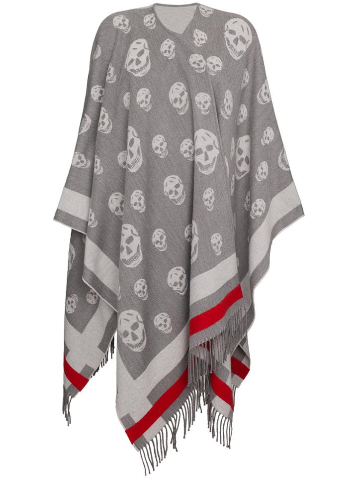 Alexander Mcqueen Grey Skull Print Wool Cape