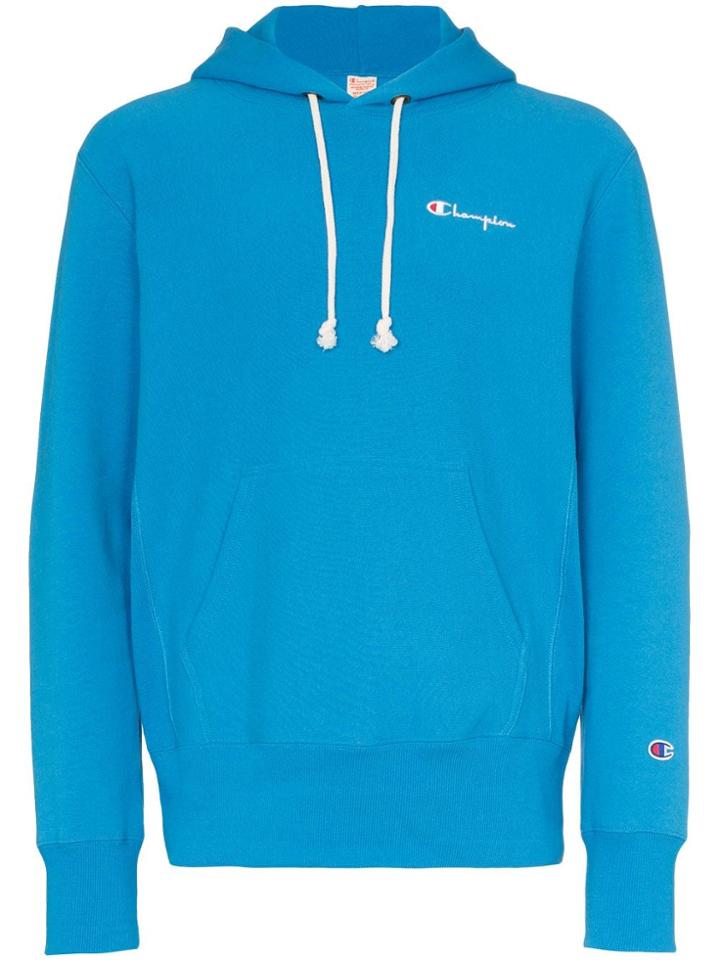 Champion Logo Embroidered Hooded Cotton Jumper - Blue
