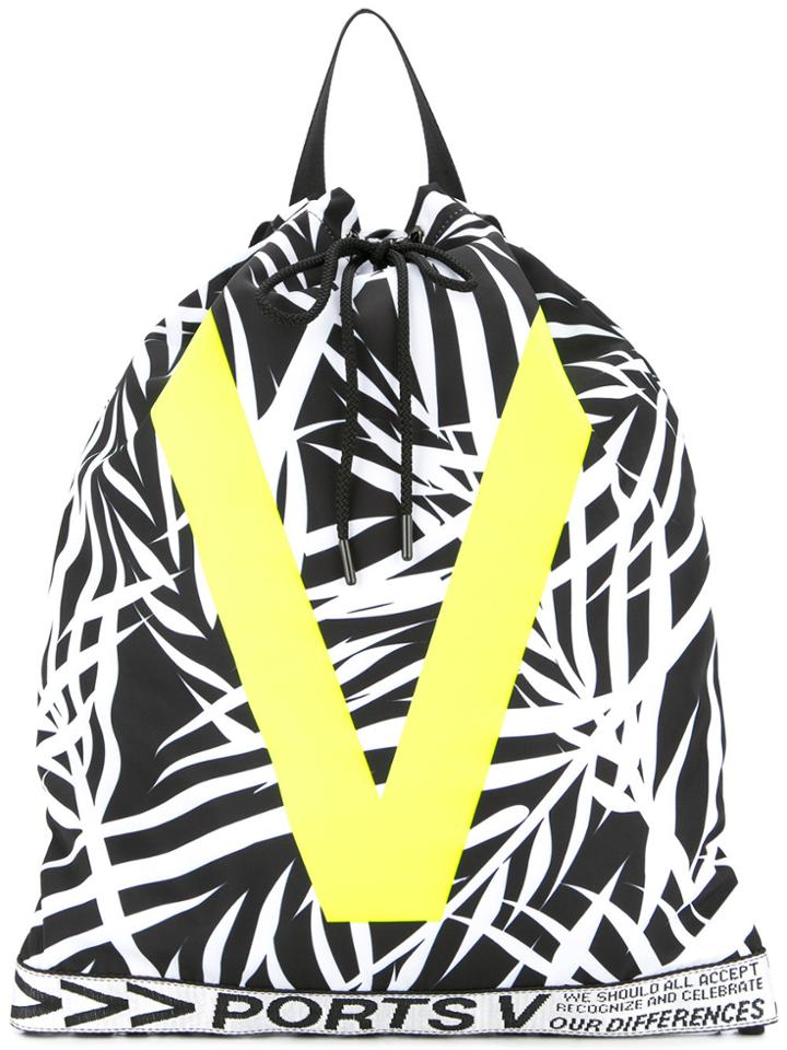 Ports V Leaf Print Backpack With Contrast V Print - White