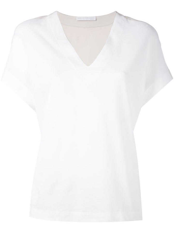 Fabiana Filippi - V-neck T-shirt - Women - Silk/cotton/acetate - 40, Nude/neutrals, Silk/cotton/acetate