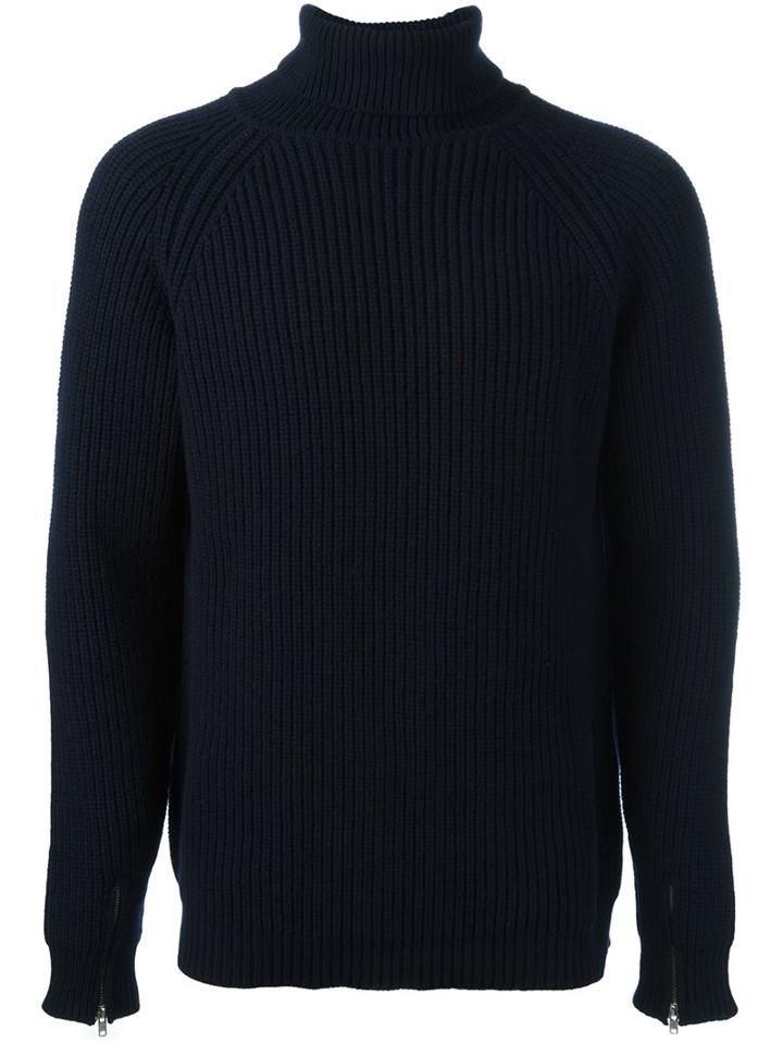 Bark Cable Knit Roll Neck Jumper, Men's, Size: Large, Blue, Cashmere/wool
