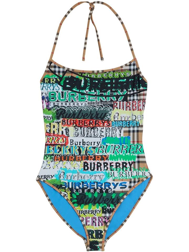 Burberry Tag Print Vintage Check Halterneck Swimsuit - Green