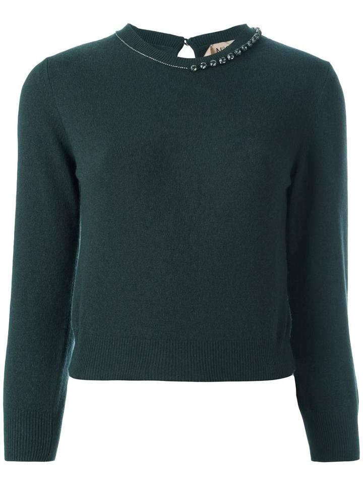 No21 Embellished Neck Cropped Jumper, Women's, Size: 44, Green, Virgin Wool/cashmere