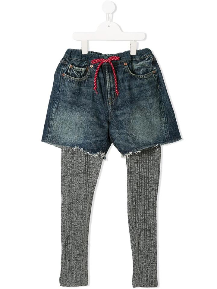 Denim Dungaree Layered Shorts And Leggings - Blue