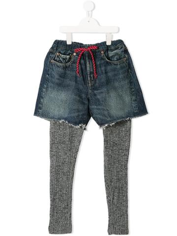 Denim Dungaree Layered Shorts And Leggings - Blue