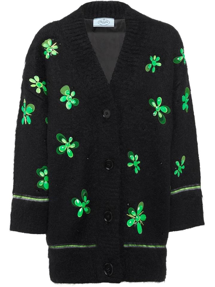Prada Floral Appliqué Cardigan - Black