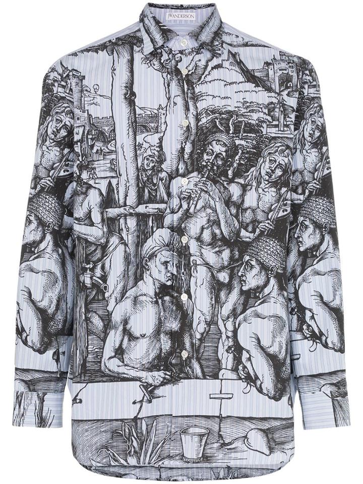 Jw Anderson Dürer Print Striped Cotton Shirt - Blue